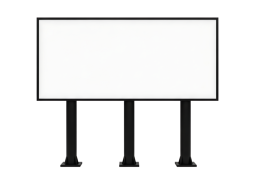 Large rectangular billboard with blank white screen and black frame supported by three black posts isolated on a transparent background