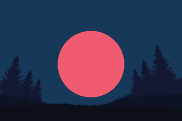 A Simple Flat Illustration of a Sunset Behind Trees Mountain Landscape Nature Illustration