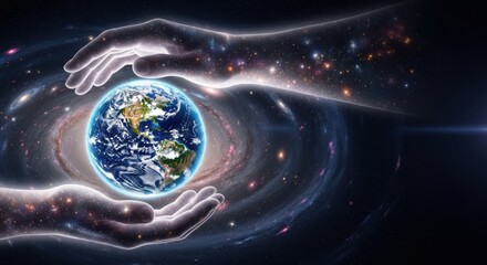 Celestial Hands Cupping the Earth in the Cosmos, Planet, World, Cosmic