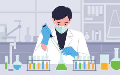 Scientist conducting experiment in laboratory with beakers and test tubes, science research