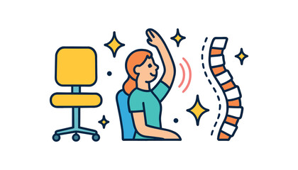 Health wellness UI flat vector illustration collection of cute wellbeing icons posture: chair spine curve icon stretch lines sparkles arranged horizontal composition handdrawn outlines