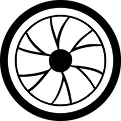 Illustrative representation of a wheel featuring radial spokes, a central hub, and a circular outline with artistic simplicity