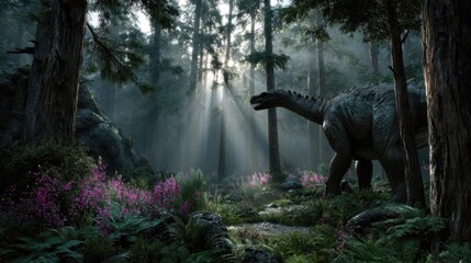 Dinosaur Walking Through a Forest with Sunlight Streaming Through Trees