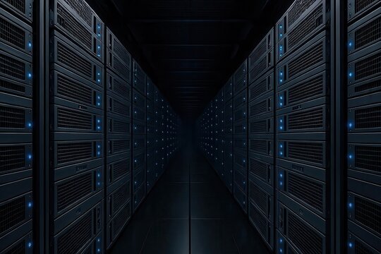 High-Performance Computing: Massive server blade array with pulsing LED indicators in climate-controlled data center
