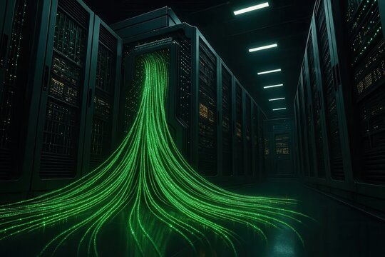 High-Performance Computing: Supercomputer mainframe with fiber optic cables streaming data in control room
