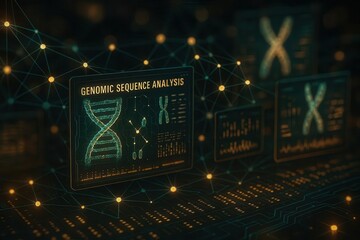 AI Genomic Sequence Analysis: Neural network nodes mapping genetic patterns across holographic display screens
