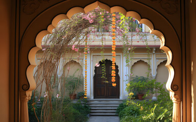 Spring Festival Courtyard Arch Backdrop with Blossoms, Vines and Warm Sunlight