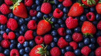 Fresh strawberries, blueberries, and raspberries creating a vibrant, colorful pattern for healthy eating concepts