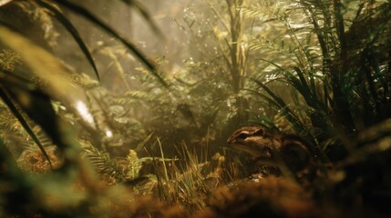 Close-up of a Chipmunk in Dense Forest Underbrush with Golden Lighting