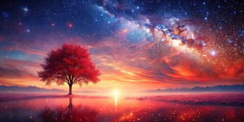 Fototapeta premium Serene Sunset Landscape Featuring a Crimson Tree Silhouetted Against a Vividly Colored Starry Sky and its Reflection in a Still Body of Water