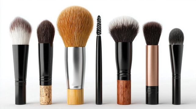 Collection of professional makeup brushes arranged in a row, showcasing various shapes and sizes, ideal for beauty enthusiasts and makeup artists, with a clean white background