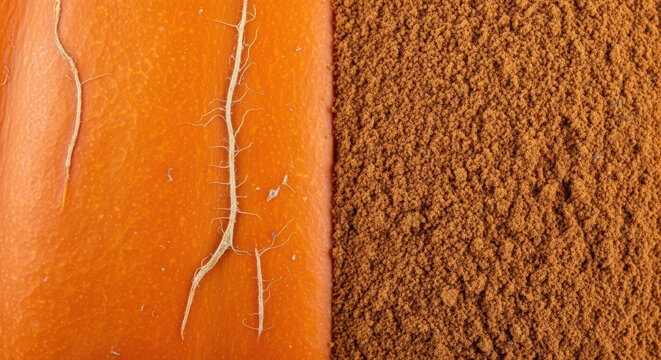 Vibrant orange pumpkin skin with intricate root details beside finely ground pumpkin spice powder, showcasing natural textures and culinary elements for seasonal recipes - Powered by Adobe