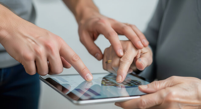 Two hands interacting with a tablet screen, showcasing a collaborative digital experience, emphasizing technology and communication in a modern workspace environment