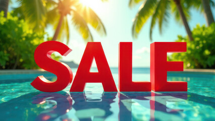 Vibrant red SALE letters are prominently displayed in a serene pool, reflecting sunlight and surrounded by lush palm trees, creating a tropical atmosphere perfect for summer promotions