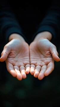 Two hands are open, one of which is holding a small object. The other hand is resting on the first hand. Concept of warmth and connection, as if the two hands are reaching out to each other