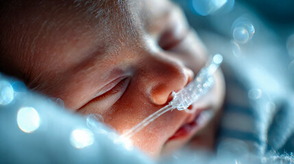 Close-up of a sleeping newborn baby with a breathing tube, representing neonatal care and medical support
