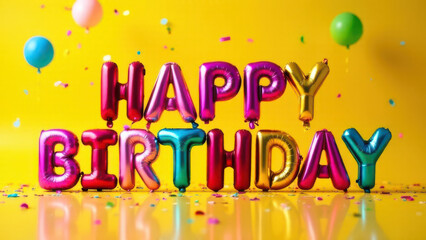 Bright and colorful balloon letters form the phrase happy birthday, set against a cheerful yellow background, surrounded by confetti and balloons, creating a festive atmosphere for celebrations