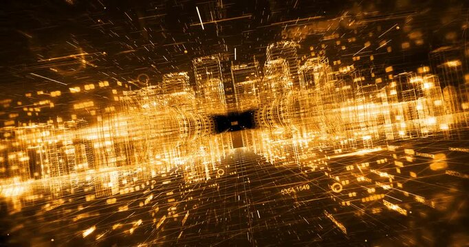 Abstract hologram city with high tech light effects. Abstract 3D background animation.