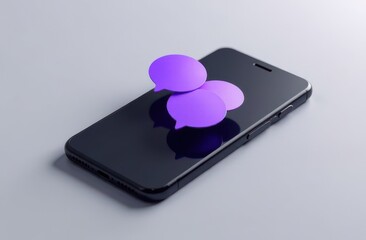 A modern smartphone mock up displays vibrant purple chat bubbles on its glossy black screen, creating a visually appealing scene that emphasizes digital communication and interaction