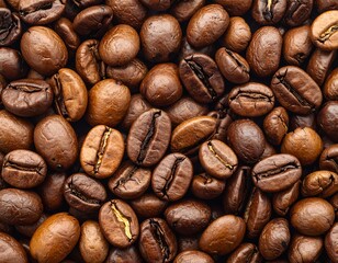Close-up macro view of roasted brown coffee beans in a heap