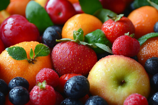 Generative AI image of fresh organic mixed berries including strawberries, raspberries, blueberries