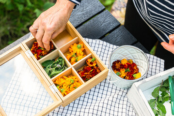 Woman preparing herbal tea with dried flowers and herbs