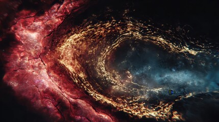 Abstract Cosmic vortex with glowing light trails and fiery textures resembling a universe spiral