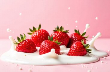 A vibrant arrangement of fresh strawberries splashes into creamy milk, creating dynamic droplets against a soft pink background, showcasing the freshness and deliciousness of the fruit