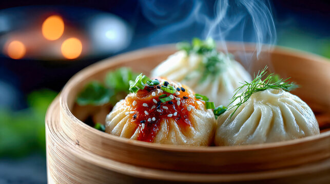 Steaming dumplings in a bamboo steamer garnished with sesame seeds and green onions, evoking Asian cuisine - Powered by Adobe
