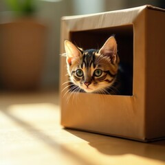 A curious tabby cat with striking green eyes is peeking out from a cardboard box, illuminated by warm sunlight, creating a cozy and playful atmosphere in a home environment