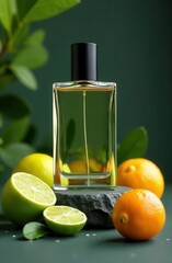 Elegant perfume bottle is placed on a stone, surrounded by vibrant citrus fruits like limes and oranges, with lush green leaves in the background, creating a refreshing and aromatic atmosphere