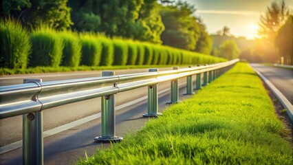 Fototapeta premium Scenic roadside with a modern metallic guardrail providing safety and a tranquil atmosphere alongside a lush green landscape during a sunny day
