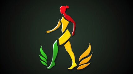 A vibrant silhouette of a woman walking, adorned in bright colors, surrounded by stylized green and yellow leaves, creating a dynamic and energetic visual representation of movement and nature