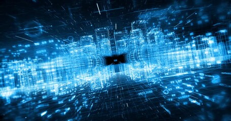 Wireframe futuristic city with continuous forward movement. Abstract 3D background animation. - Powered by Adobe