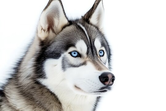 Siberian Husky dog headshot with piercing blue eyes on a clean white background, creating an isolated, high-key portrait