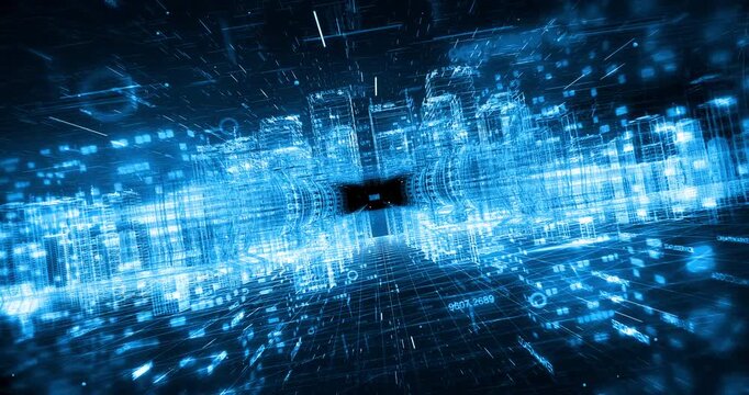 Wireframe futuristic city with continuous forward movement. Abstract 3D background animation.