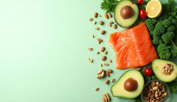 Healthy Clean Eating Ingredients Flatlay with Salmon and Vegetables on Pastel Green Background