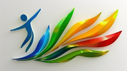 Vibrant abstract design featuring a dynamic figure in blue, surrounded by flowing shapes in various colors, creating a sense of movement and energy, ideal for creative projects and branding