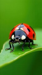 A striking ladybug with bright red shell and black spots is perched on a lush green leaf, showcasing its intricate details and vibrant colors in a serene natural environment