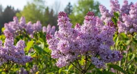 Fototapeta premium Beautiful blooming lilac bush in full spring bloom with vibrant purple flowers and green leaves.
