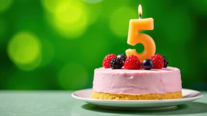 A vibrant birthday cake topped with a bright number five candle and an assortment of fresh berries, set against a soft green bokeh background, creating a festive atmosphere for celebrations