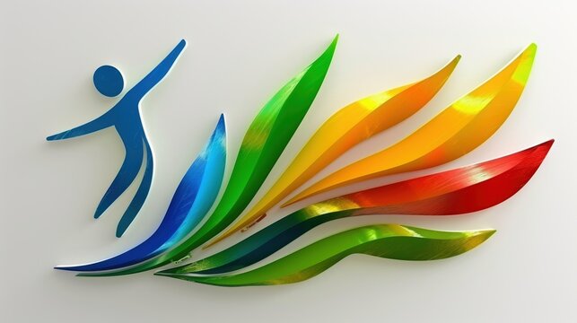 Vibrant abstract design featuring a dynamic figure in blue, surrounded by flowing shapes in various colors, creating a sense of movement and energy, ideal for creative projects and branding