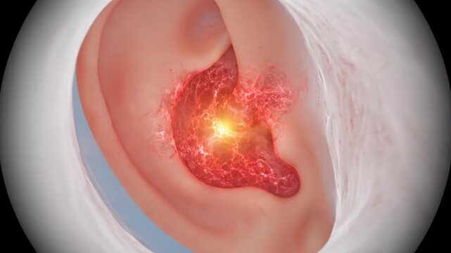 Detailed 3D animation of a human ear with a painful infection highlighting the inflamed and swollen areas with a bright red glow and pulsating effect representing severe otitis media or external ea.