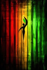 This abstract illustration features a silhouette figure against a backdrop of vibrant red, yellow, and green vertical stripes, creating a dynamic visual effect with ample copy space for text