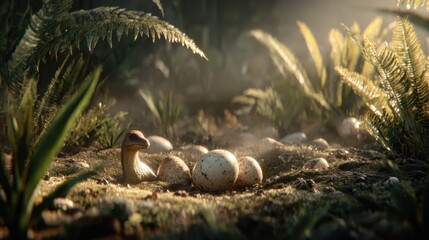 Obraz premium Baby Dinosaur Nest with Eggs Surrounded by Ferns in a Forest Setting