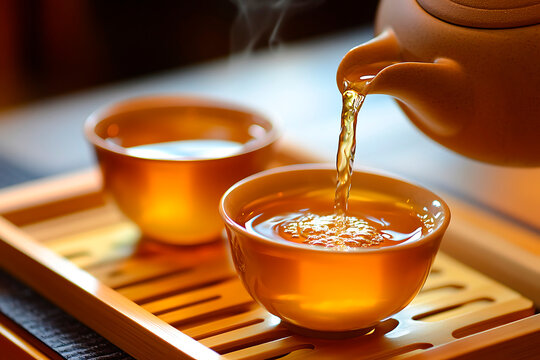 Hot tea pouring from a traditional teapot into a golden ceramic cup, producing mild steam. Relaxing tea ceremony - Powered by Adobe