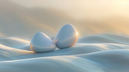 Two pristine white stone are gently placed on a soft, flowing surface, illuminated by warm light, creating a serene and tranquil atmosphere, emphasizing simplicity and elegance