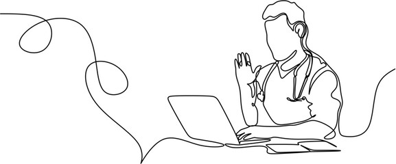 Continuous line drawing. Doctor waving at laptop.  Vector illustration