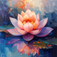 Close-up of a blooming lotus flower floating on reflective water
