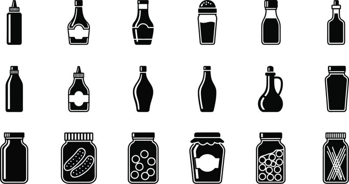 Collection of condiment bottles and food jars vector illustration